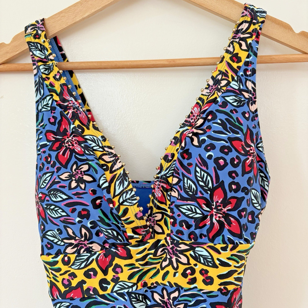 F&F One Piece Swimsuit Colorful Floral Animal Print Gold Stud Bathing Suit US 6 - Picture 4 of 14